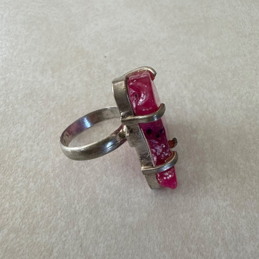 Signed stamped 925 sterling silver hot pink natural agate geode slice ring - Picture 8 of 10